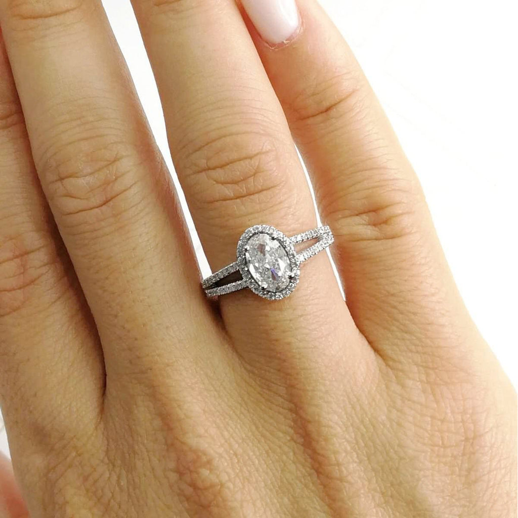 Oval Split Shank Halo Lab Grown Diamond Engagement Ring