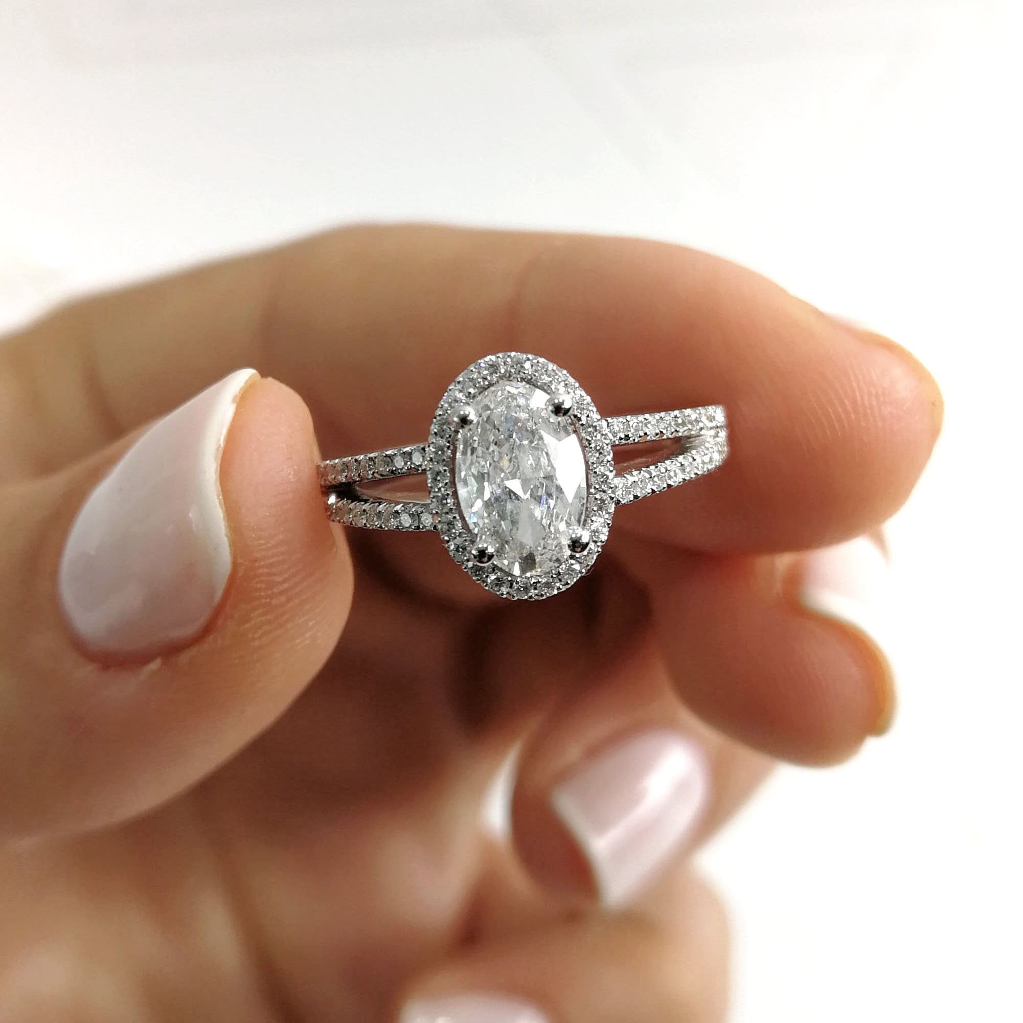Oval Split Shank Halo Lab Grown Diamond Engagement Ring