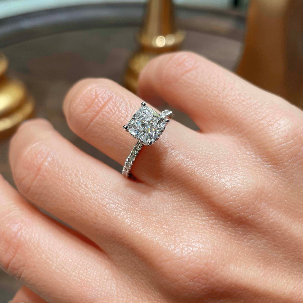 Cushion Hidden Halo Pave Lab Grown Diamond Engagement Ring
