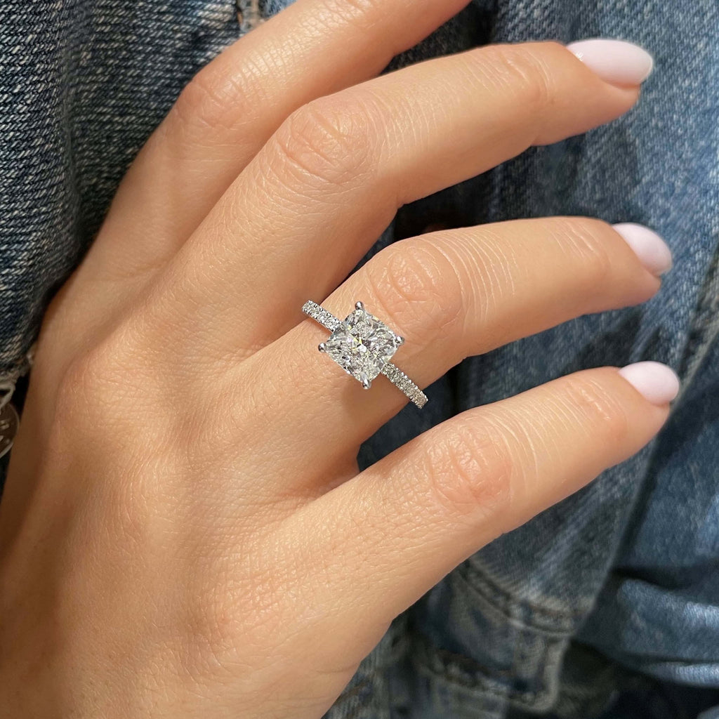 Cushion Hidden Halo Pave Lab Grown Diamond Engagement Ring