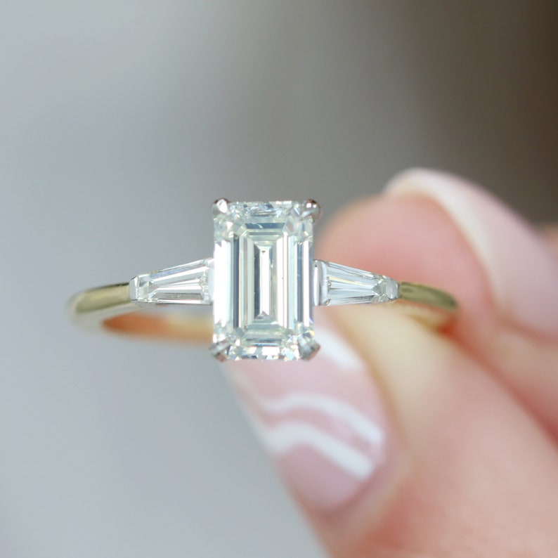 1.70 CT Emerald Three Stone Lab Grown Diamond Engagement Ring