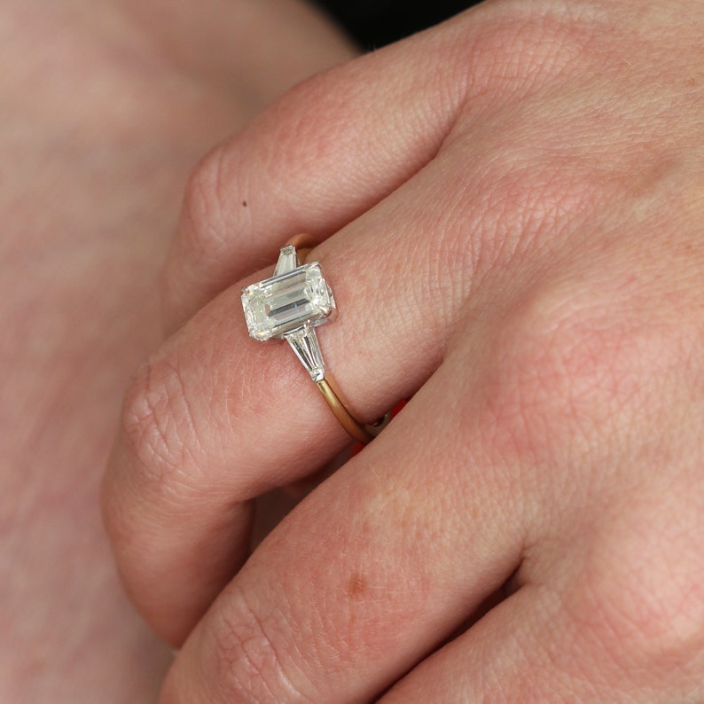 1.70 CT Emerald Three Stone Lab Grown Diamond Engagement Ring