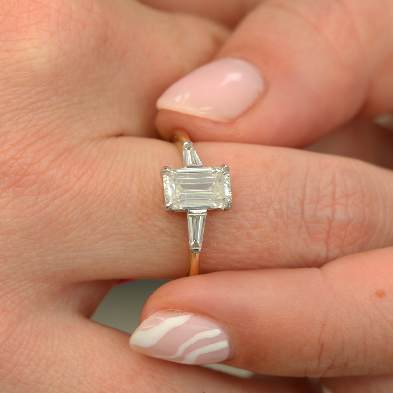 1.70 CT Emerald Three Stone Lab Grown Diamond Engagement Ring