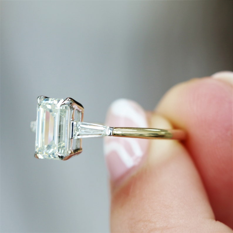1.70 CT Emerald Three Stone Lab Grown Diamond Engagement Ring
