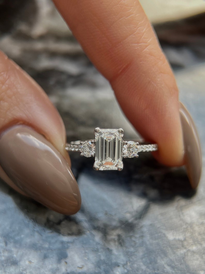 1.0 CT Emerald Three Stone Lab Grown Diamond Engagement Ring