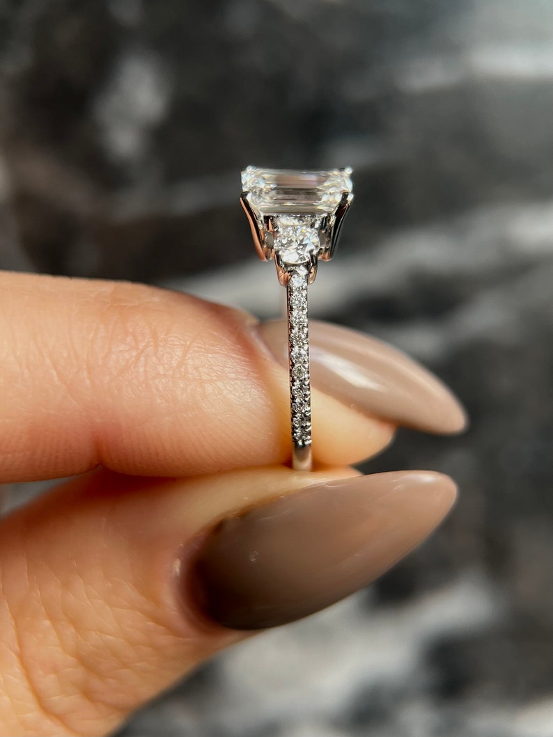 1.0 CT Emerald Three Stone Lab Grown Diamond Engagement Ring