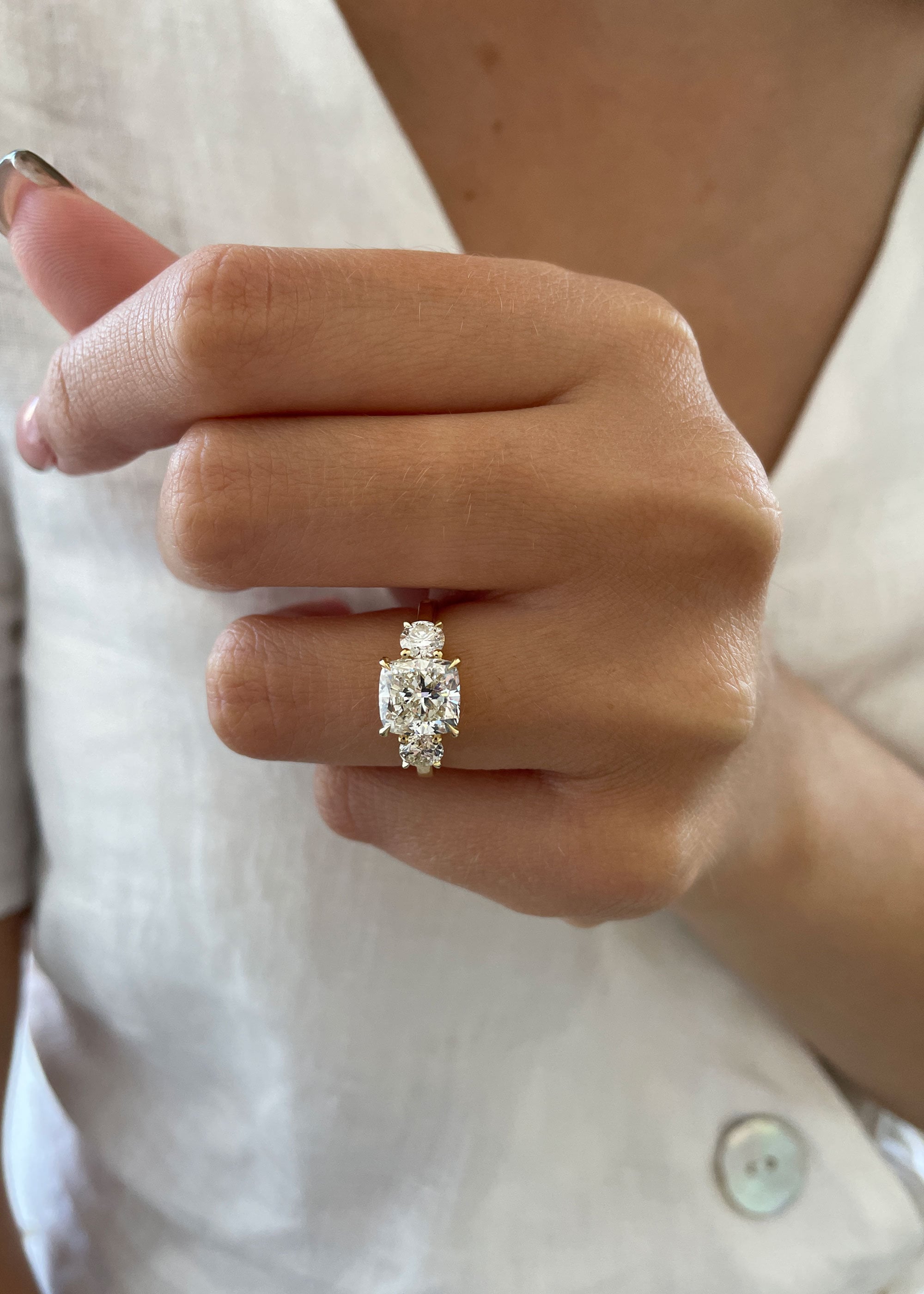2.6 CT Cushion Three Stone Lab Grown Diamond Engagement Ring
