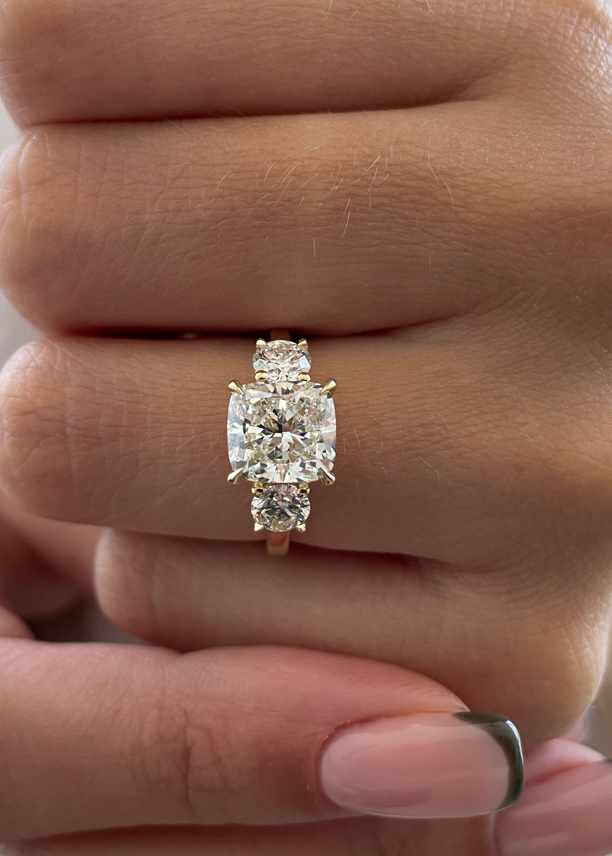 2.6 CT Cushion Three Stone Lab Grown Diamond Engagement Ring