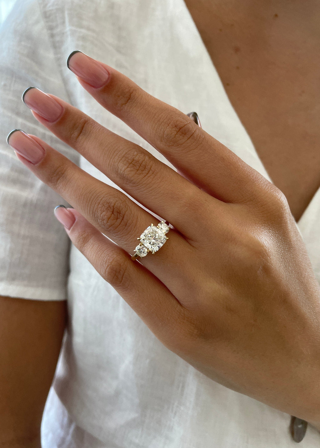 2.6 CT Cushion Three Stone Lab Grown Diamond Engagement Ring