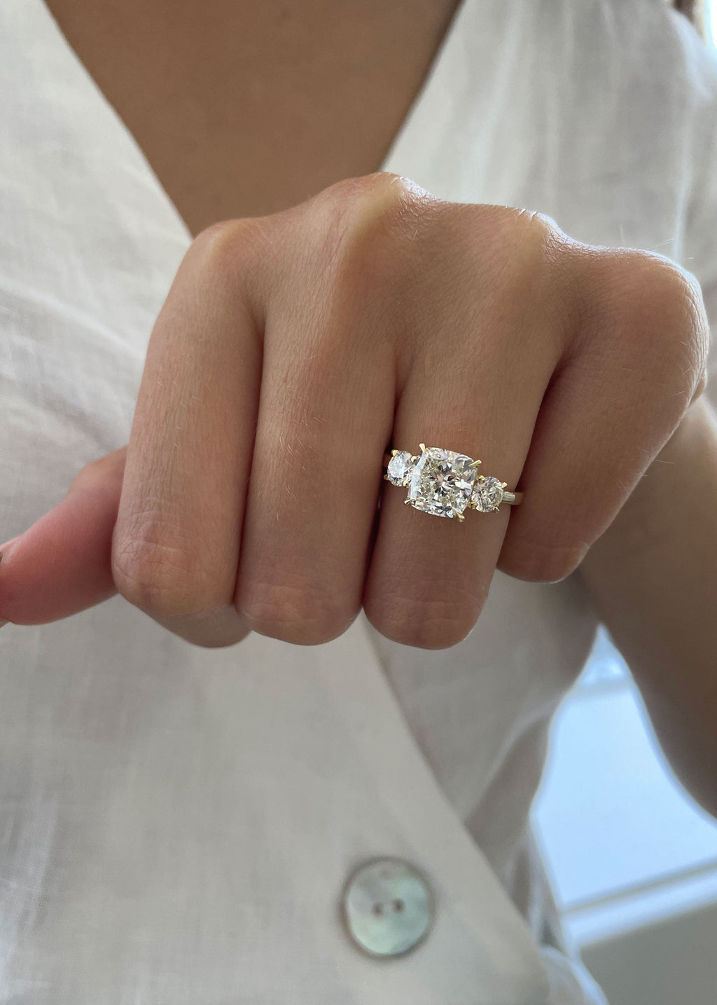 2.6 CT Cushion Three Stone Lab Grown Diamond Engagement Ring