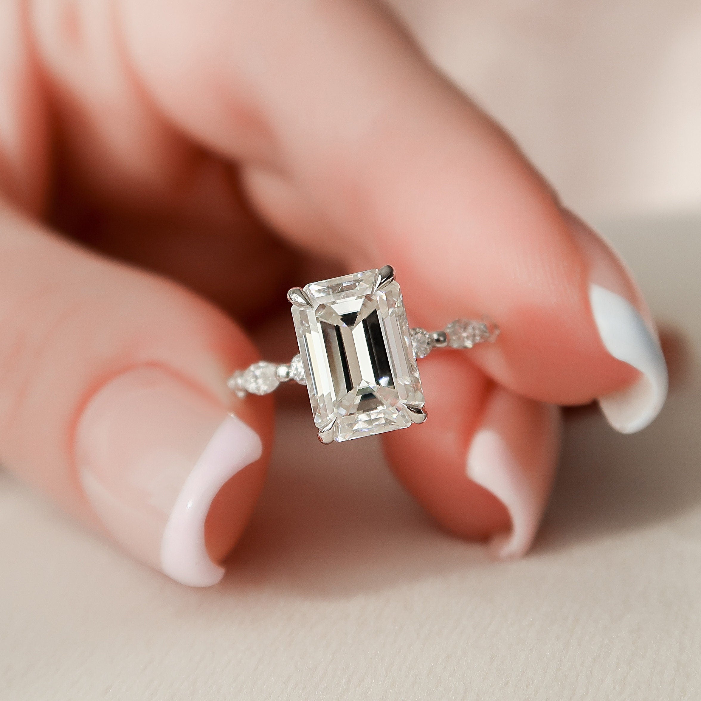 3.0 CT Emerald Hidden Halo Setting Moissanite Engagement Ring 6