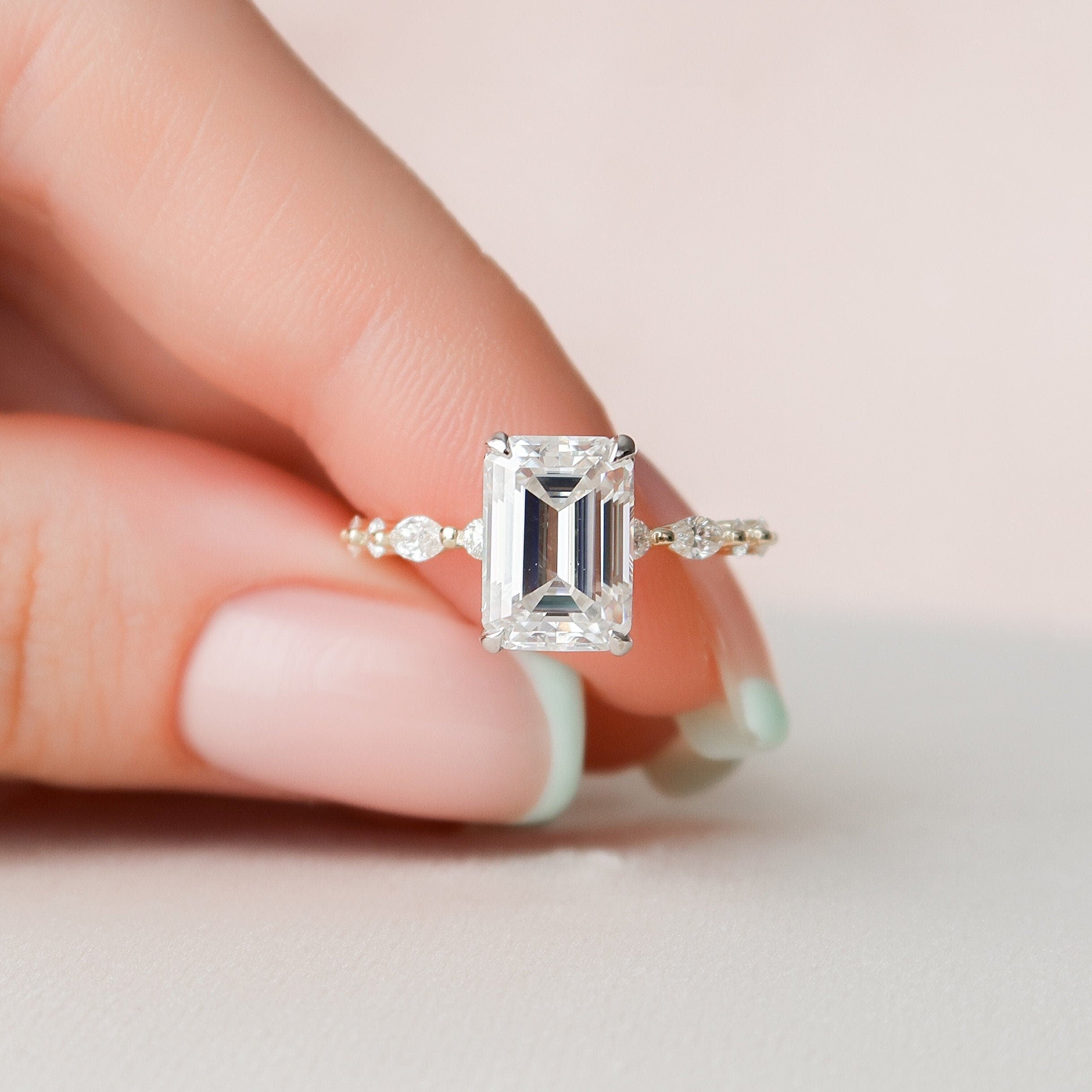 3.0 CT Emerald Hidden Halo Setting Moissanite Engagement Ring 2